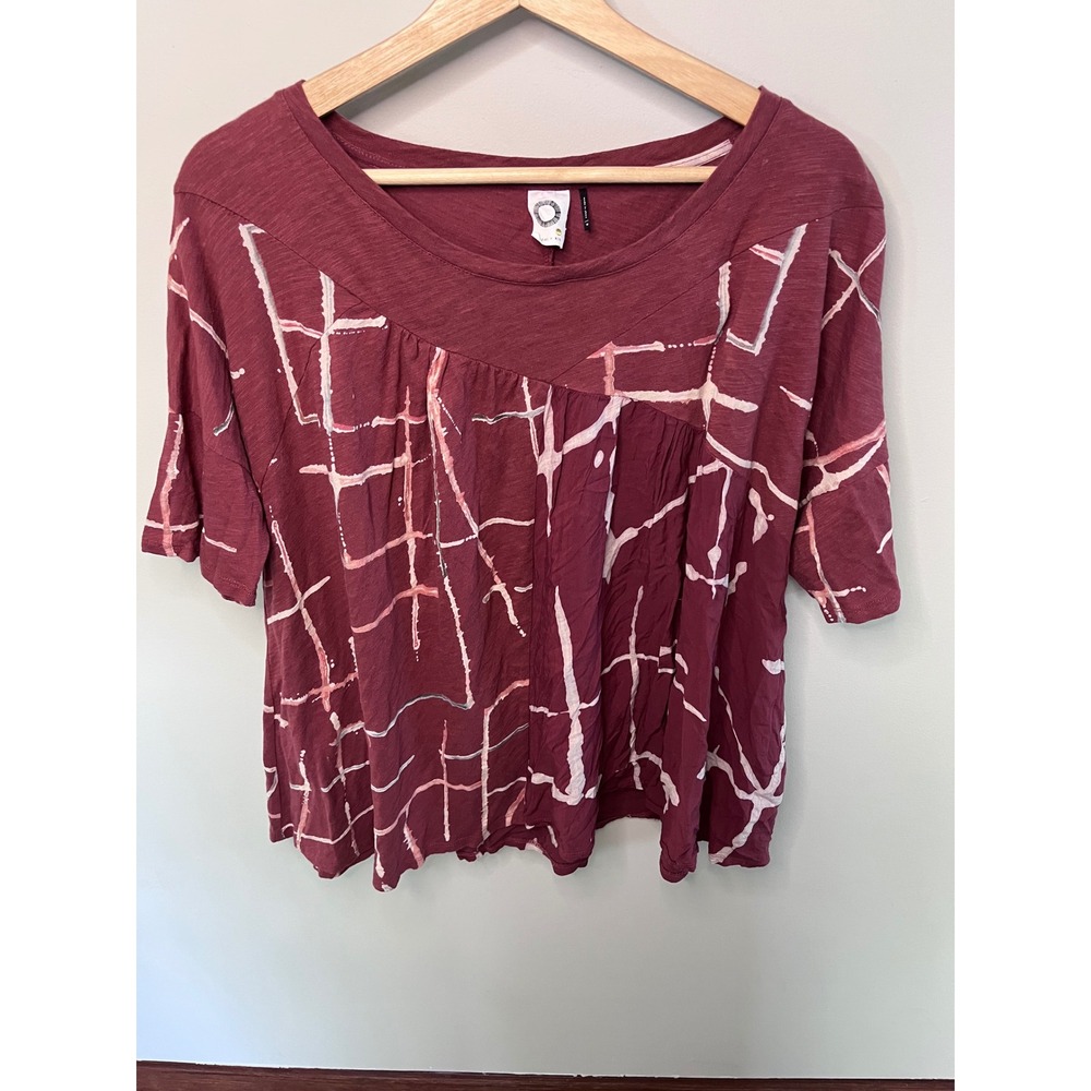 Akemi + Kin Anthropologie Womens Small Burgundy Abstract Grid Mixed Media Top
